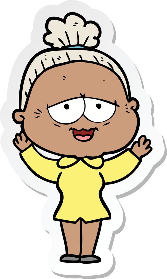 sticker van een cartoon gelukkige oude dame vector