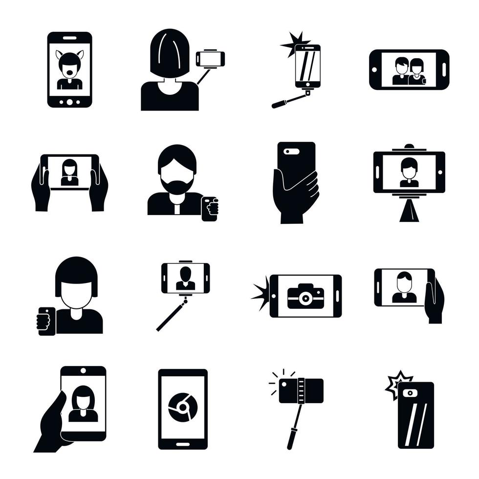 selfie video foto mensen iconen set, eenvoudige stijl vector