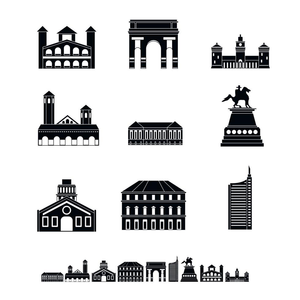 Milaan Italië stad skyline iconen set, eenvoudige stijl vector