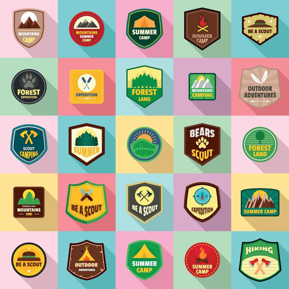 scout badge embleem stempel iconen set, vlakke stijl vector