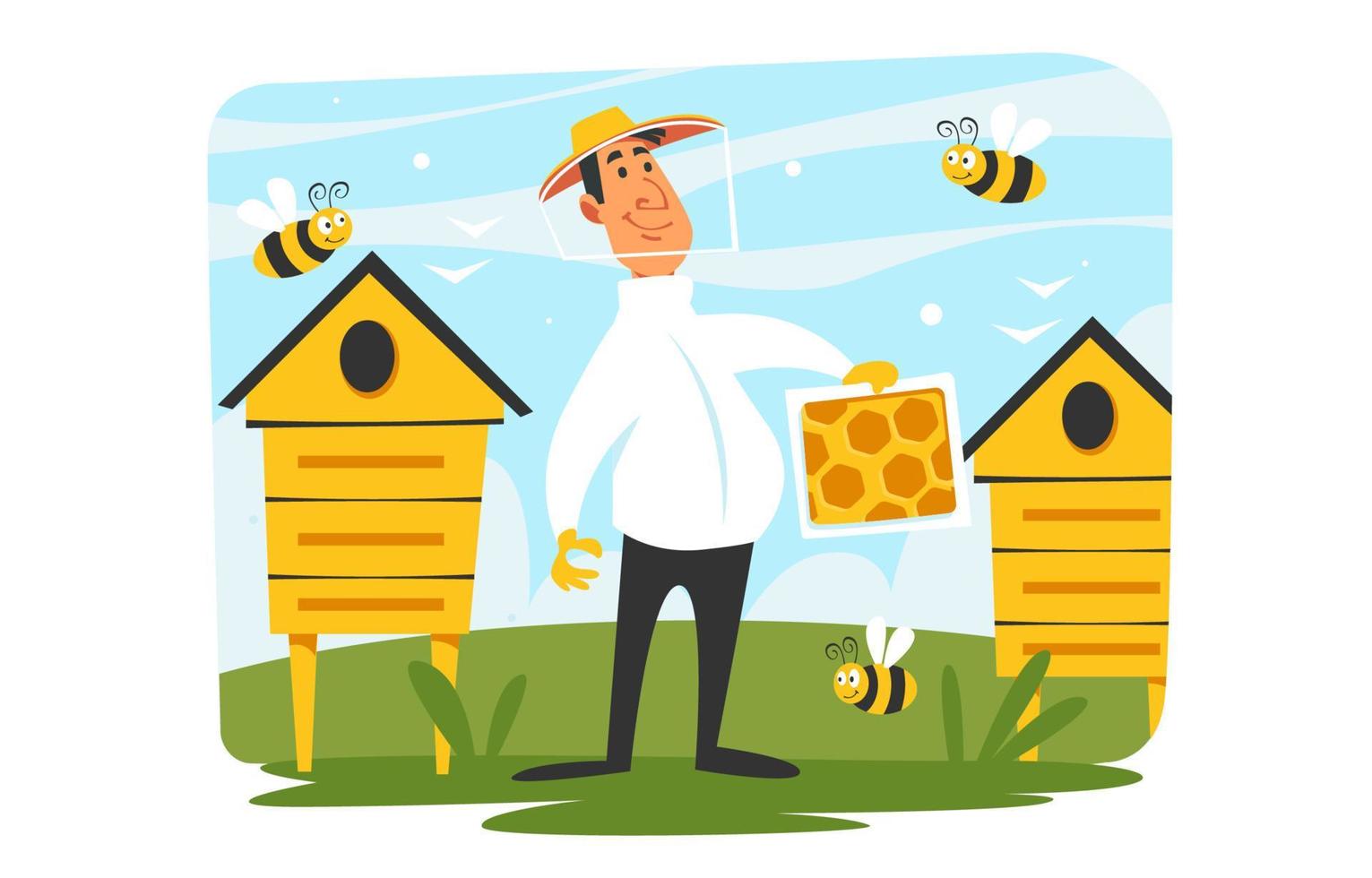 gelukkig bijenhouderskarakter met honingraat vector
