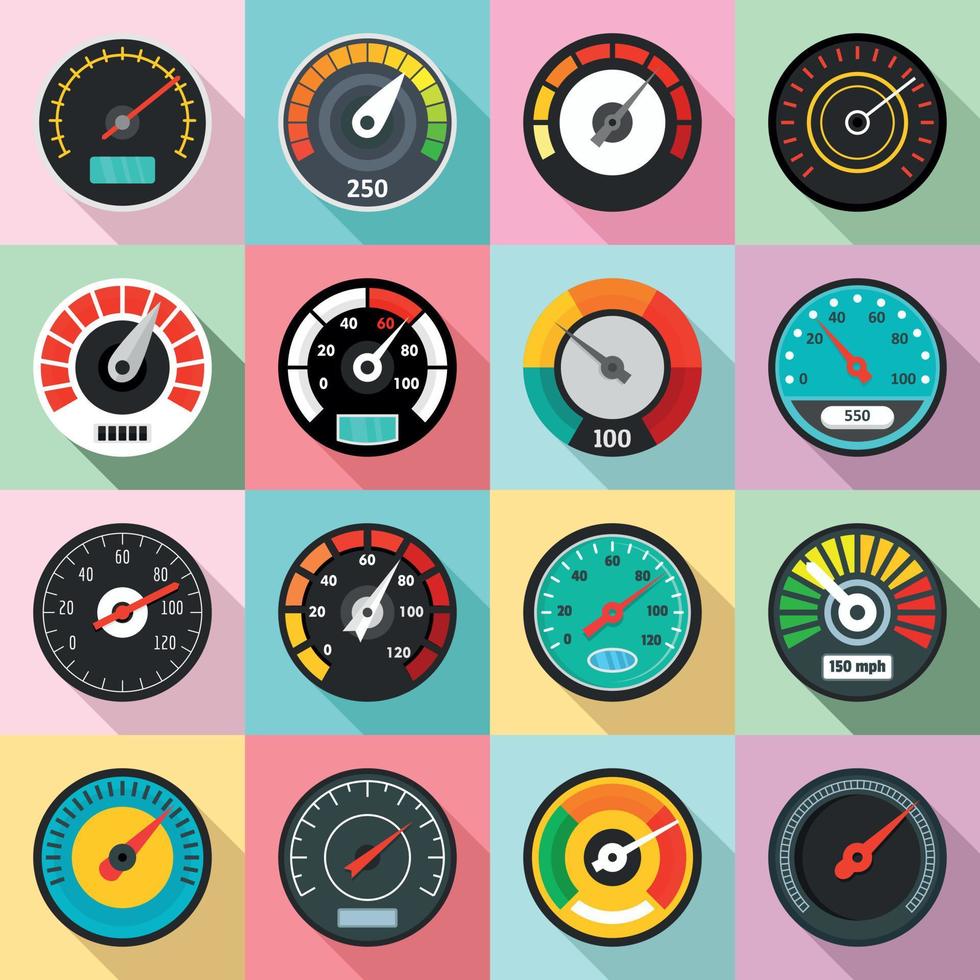 snelheidsmeter niveau indicator iconen set, vlakke stijl vector