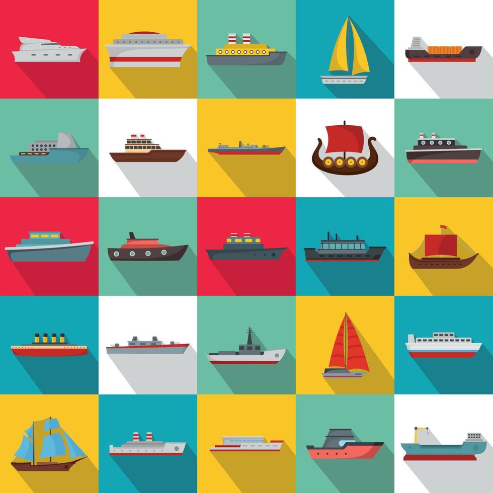 marineschepen typen iconen set, vlakke stijl vector