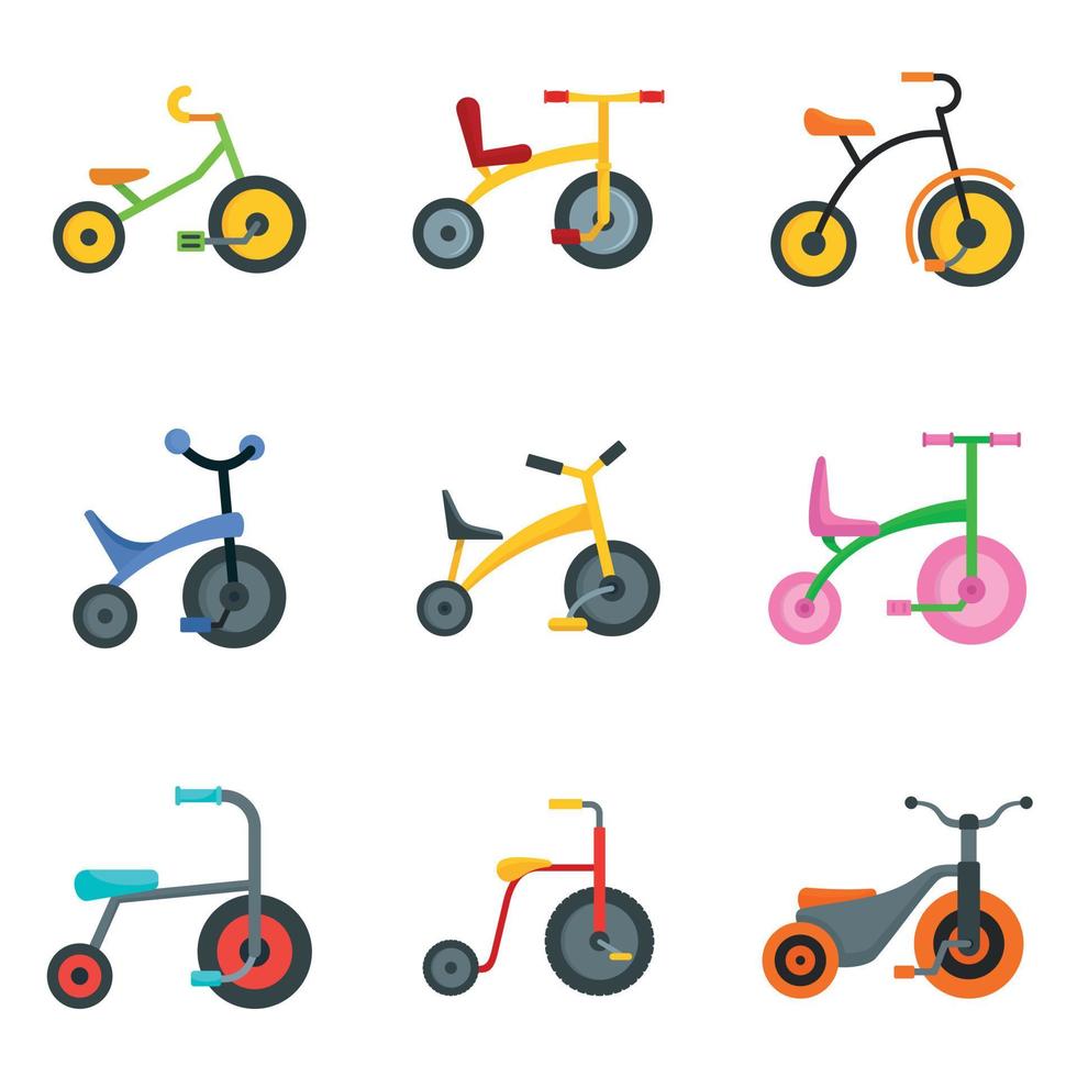 driewieler fiets fiets wiel iconen set, vlakke stijl vector