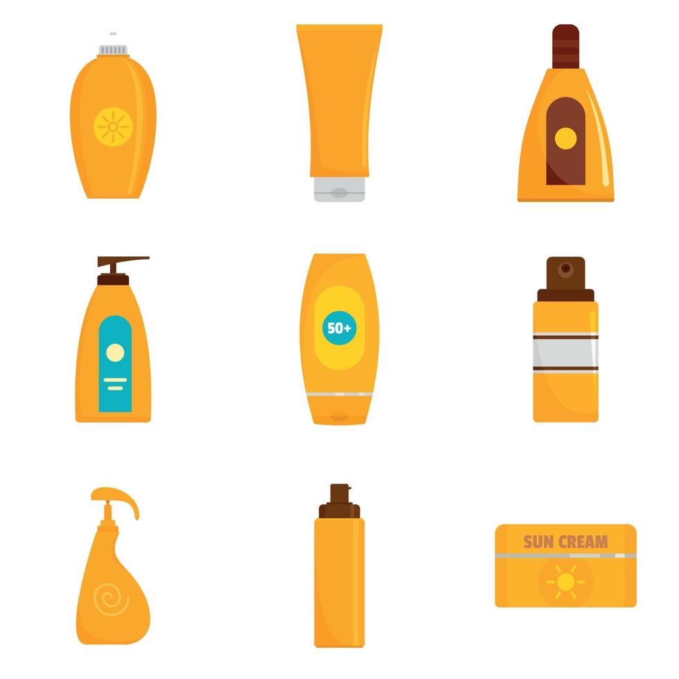 zonnebrandcrème bescherming fles iconen set, vlakke stijl vector