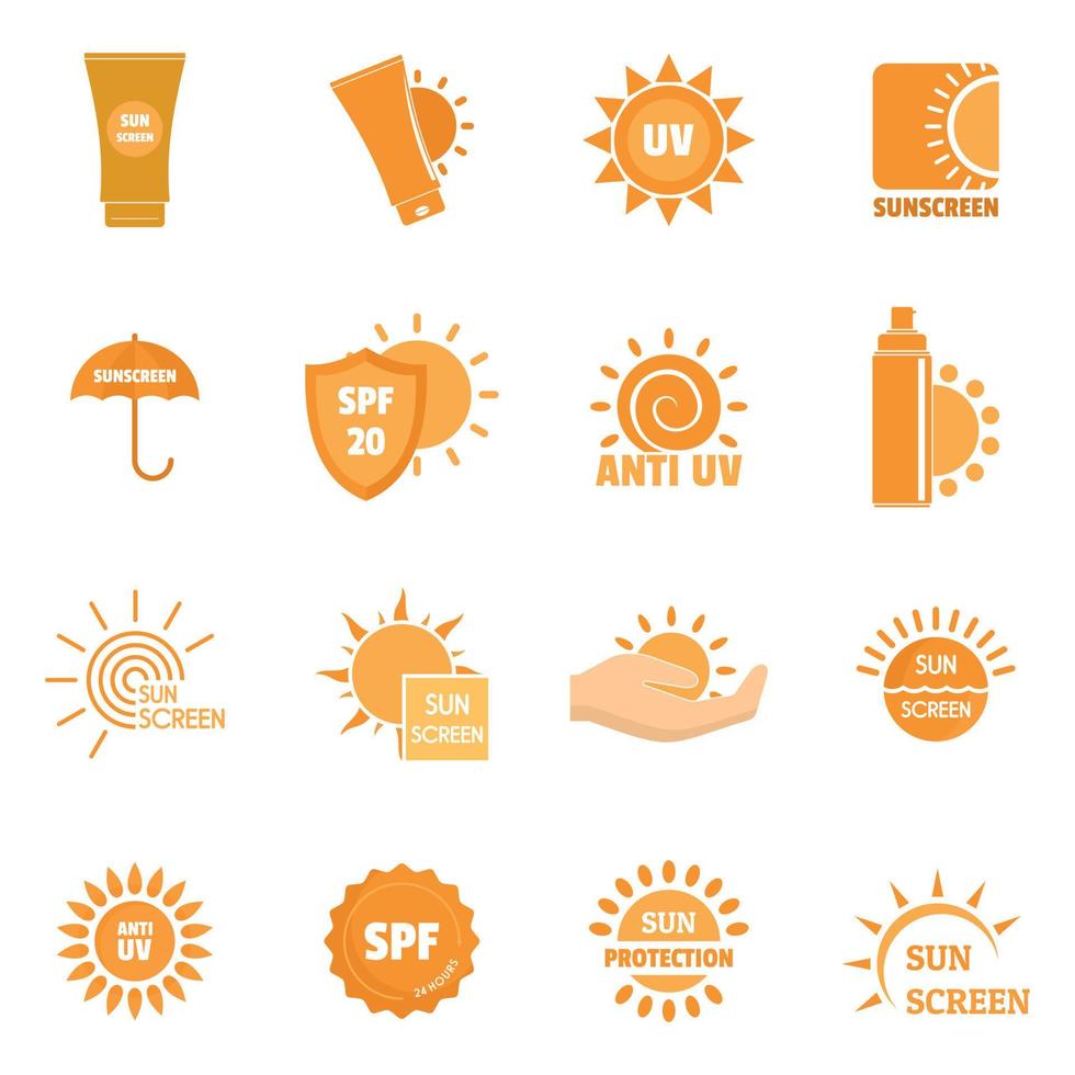 zonnebrandcrème zon beschermen logo iconen set, vlakke stijl vector