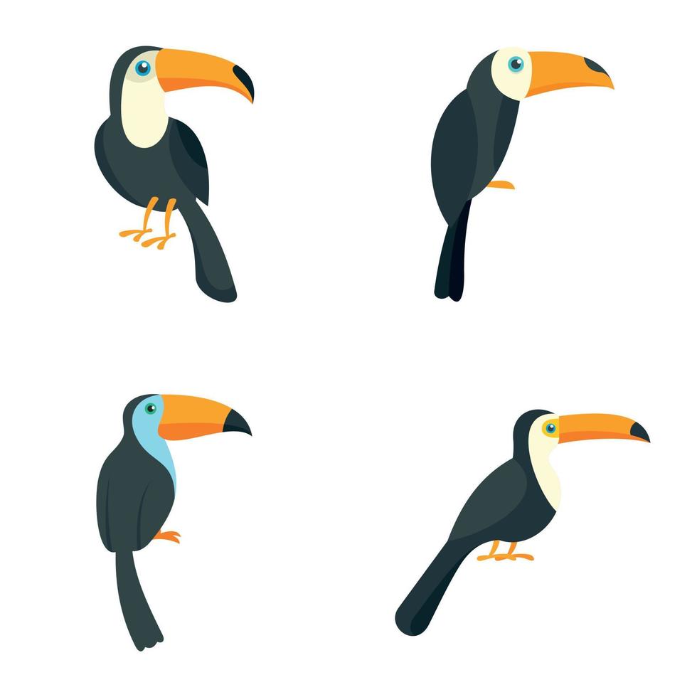 toekan papegaai vogel iconen set, vlakke stijl vector