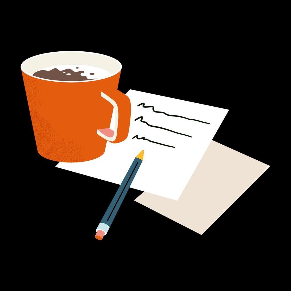 vector kopje koffie met notities, vellen en potlood. briefpapier samenstelling
