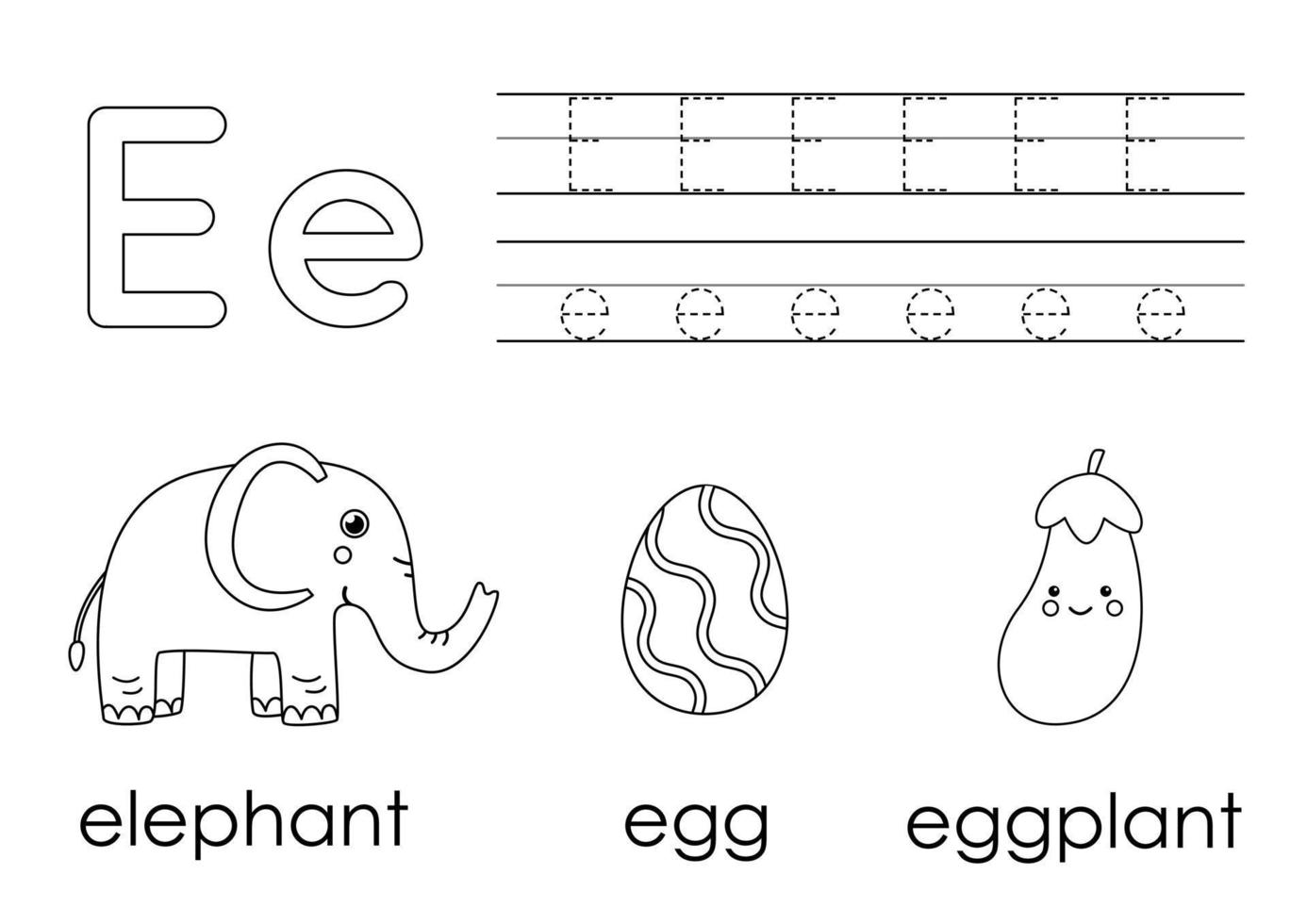 Engels alfabet leren voor kinderen. letter e. kleurboek. vector