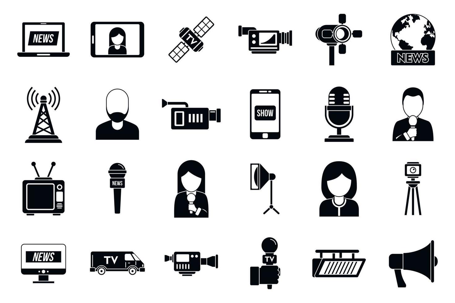tv-presentator nieuws iconen set, eenvoudige stijl vector