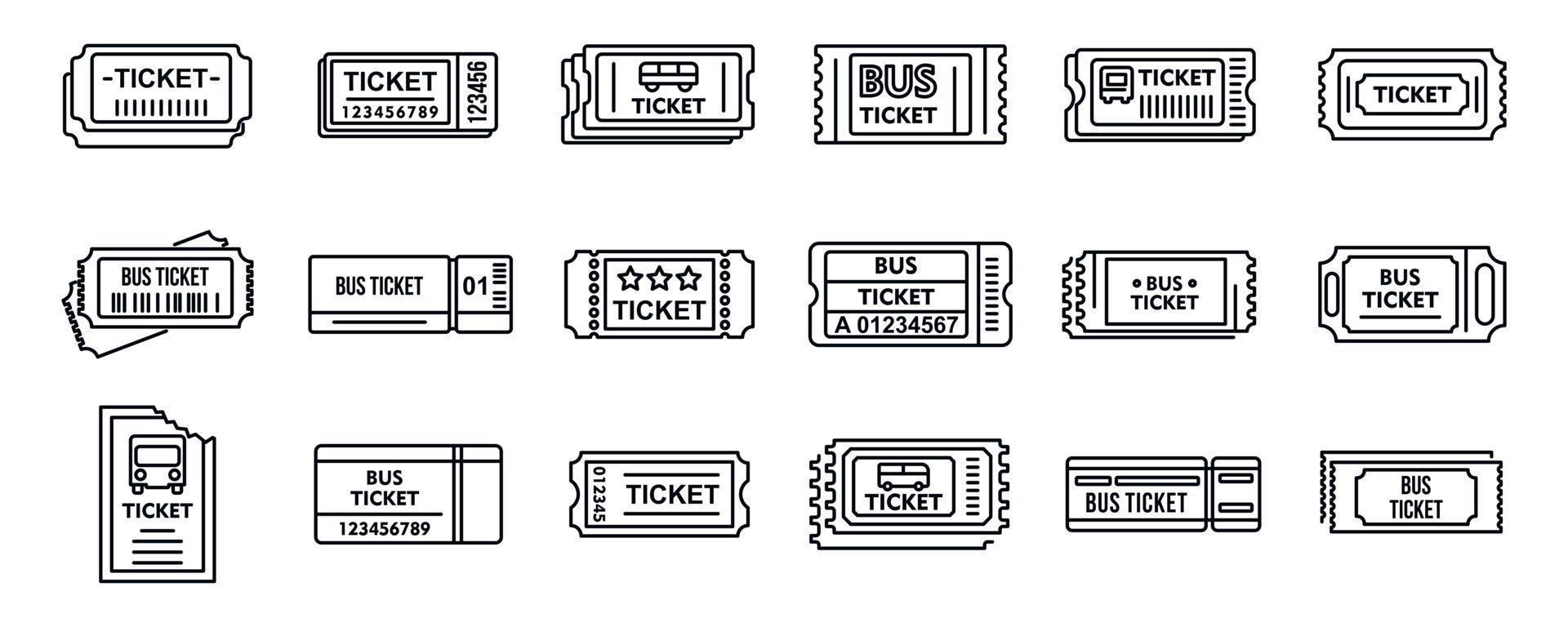 bus ticketing kaart iconen set, Kaderstijl vector