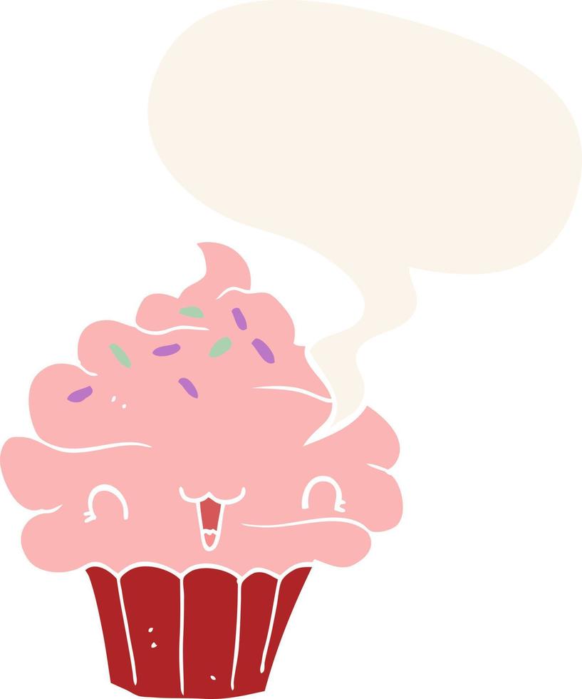 schattige cartoon frosted cupcake en tekstballon in retro stijl vector