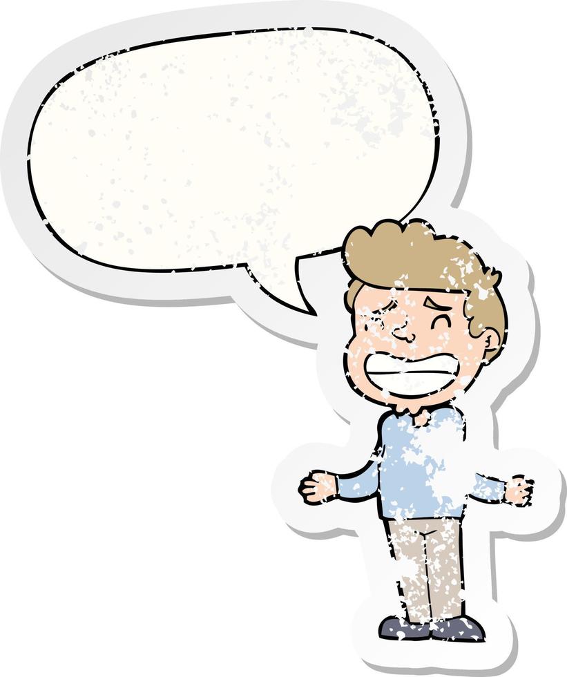 cartoon jongen schouderophalend en toespraak bubble verontruste sticker vector