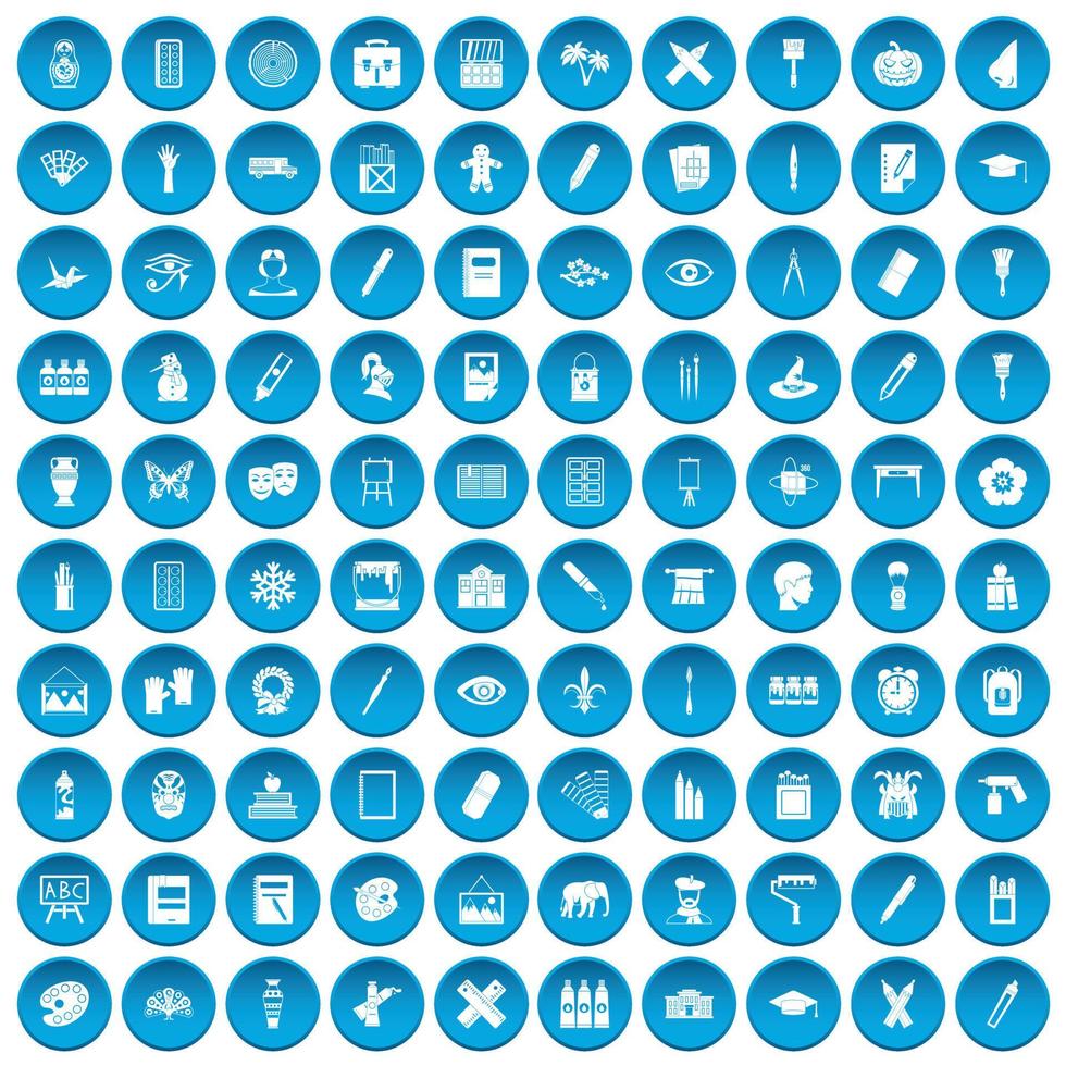 100 verf school iconen set blauw vector