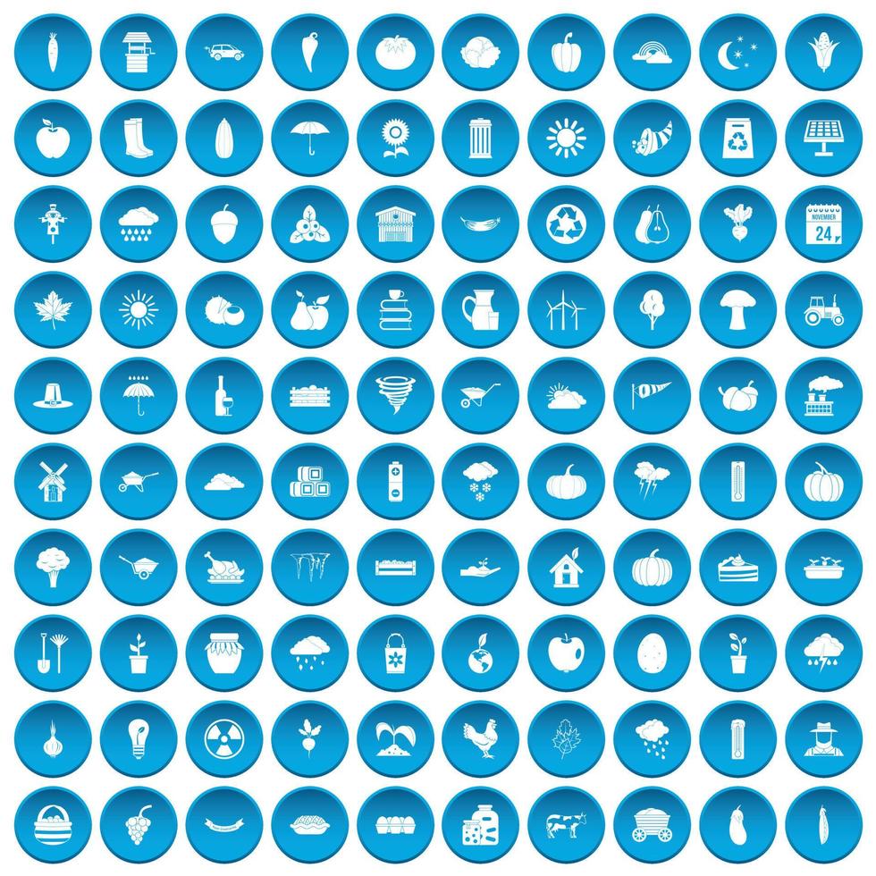 100 pompoenpictogrammen blauw ingesteld vector