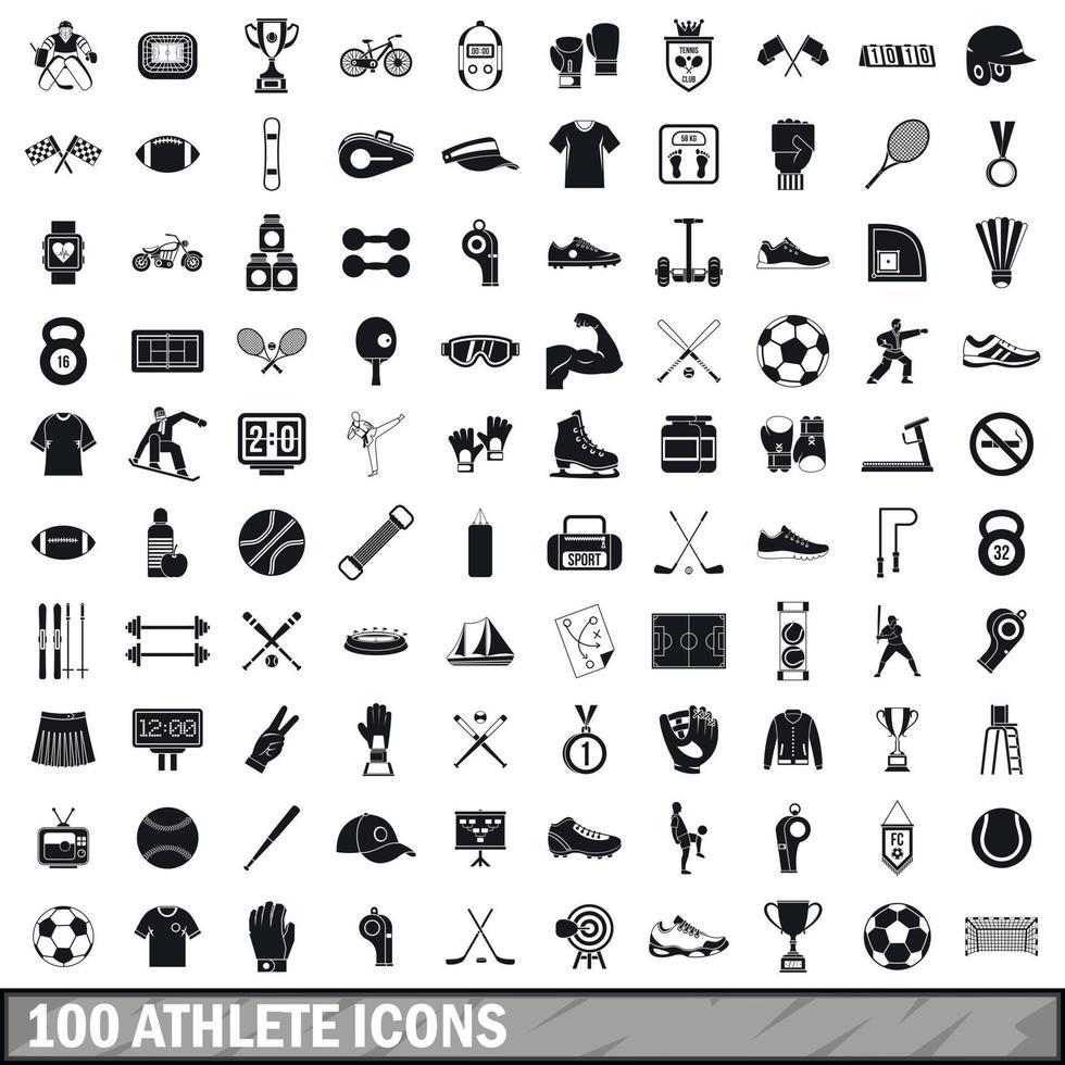 100 atleten iconen set, eenvoudige stijl vector