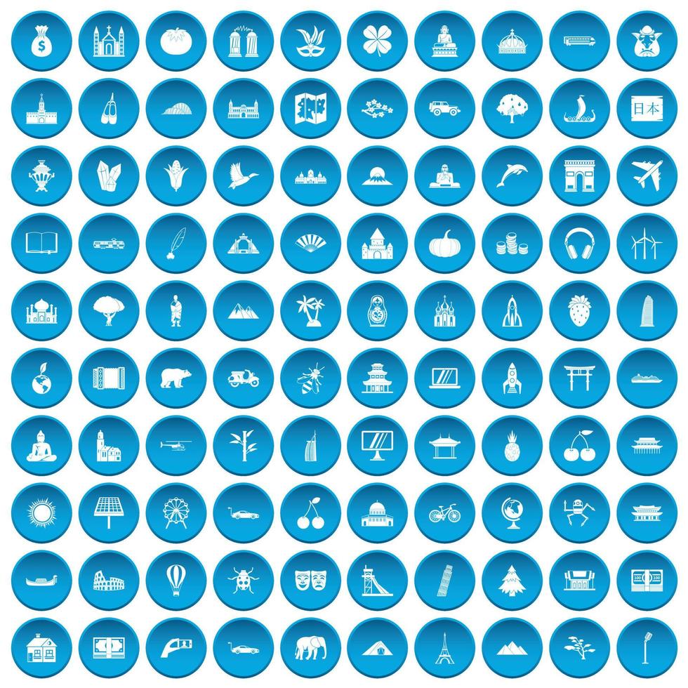100 wereldpictogrammen blauw ingesteld vector
