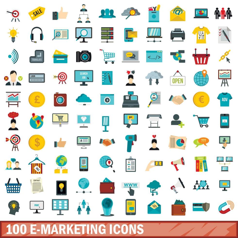 100 e-marketing iconen set, vlakke stijl vector