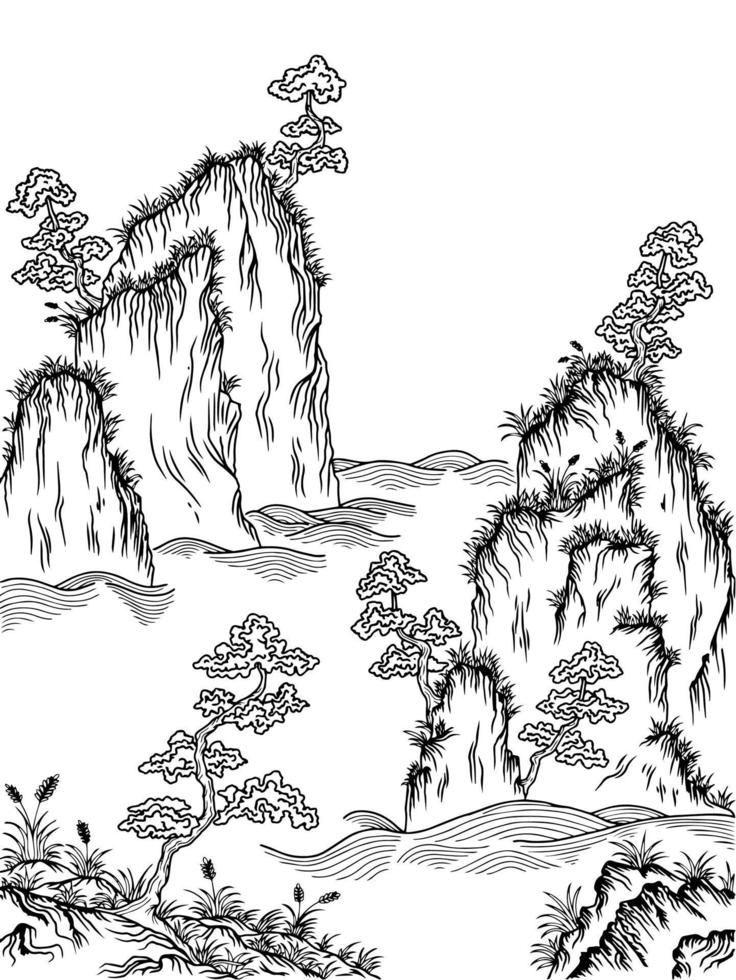 ontwerp vector landschap aziatische berg schets schilderij