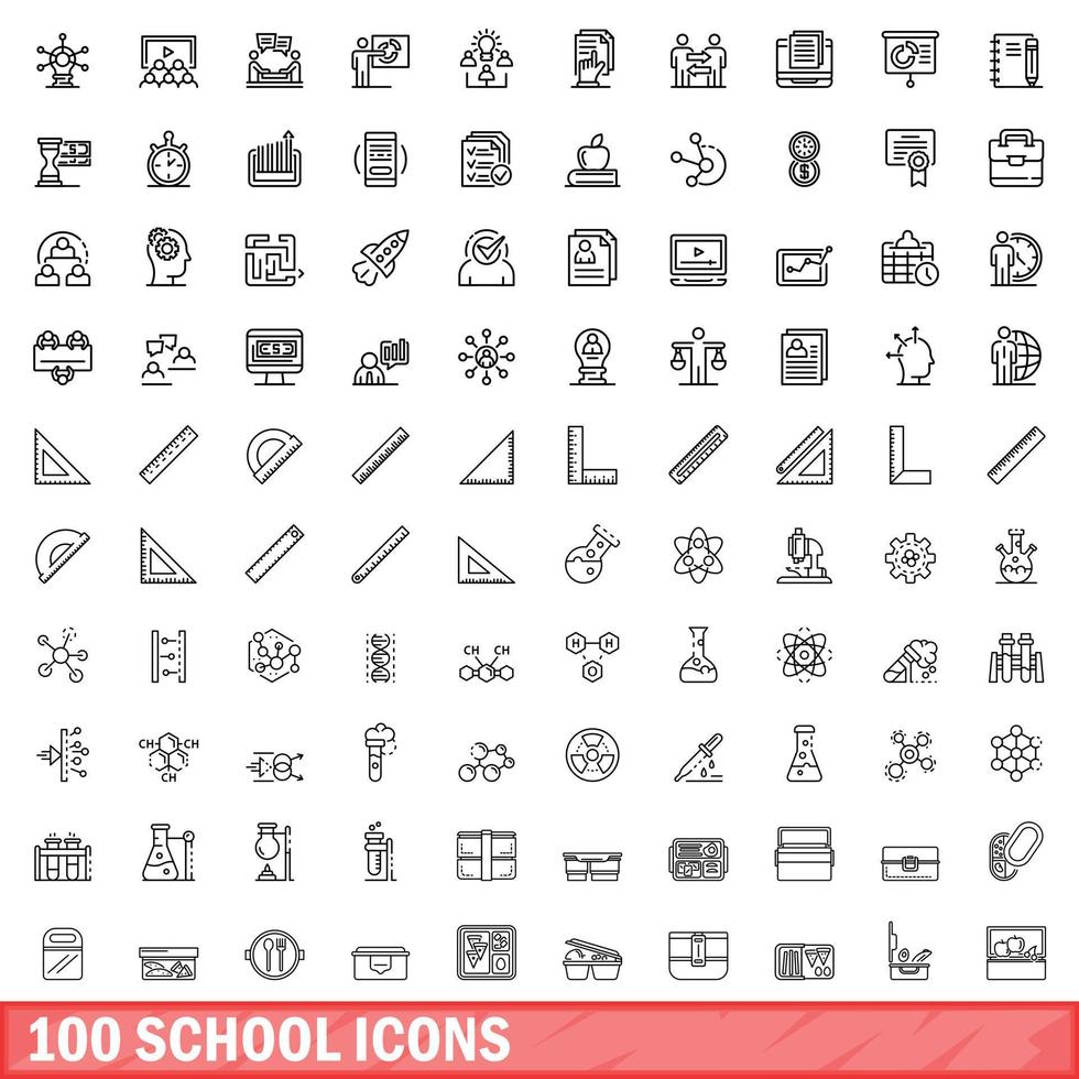 100 school iconen set, Kaderstijl vector