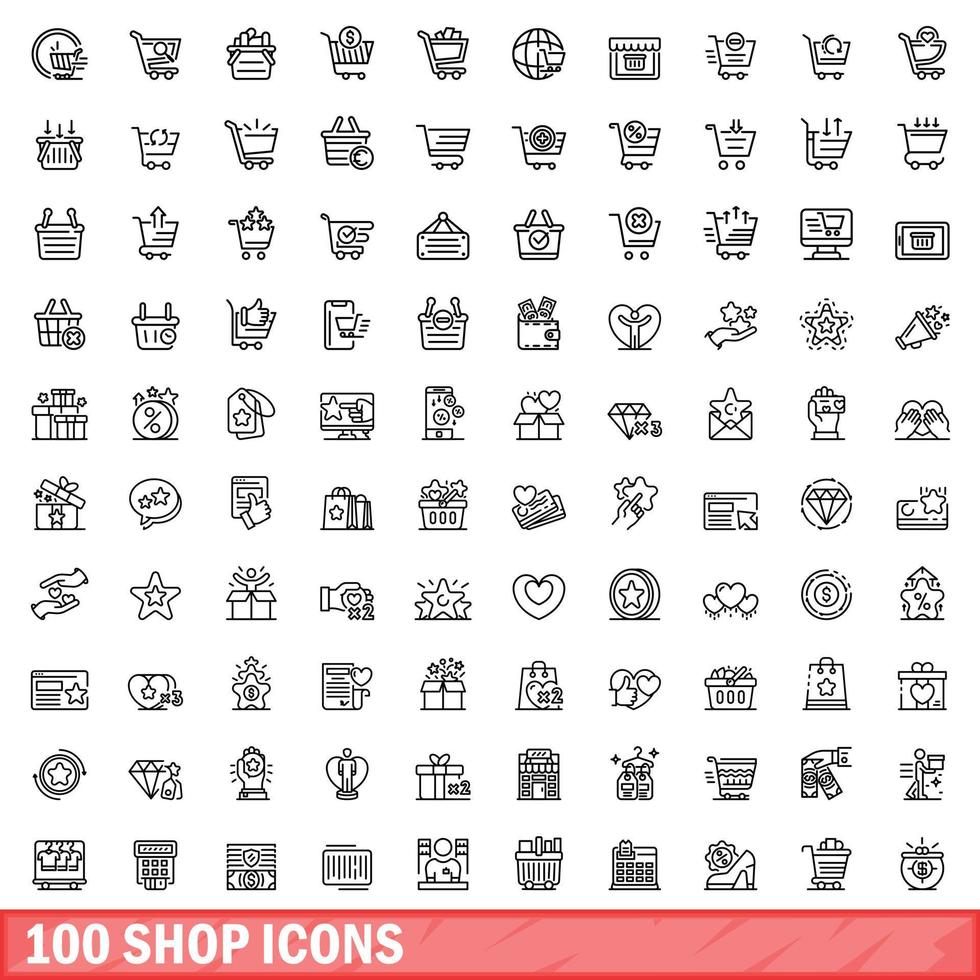 100 winkel iconen set, Kaderstijl vector