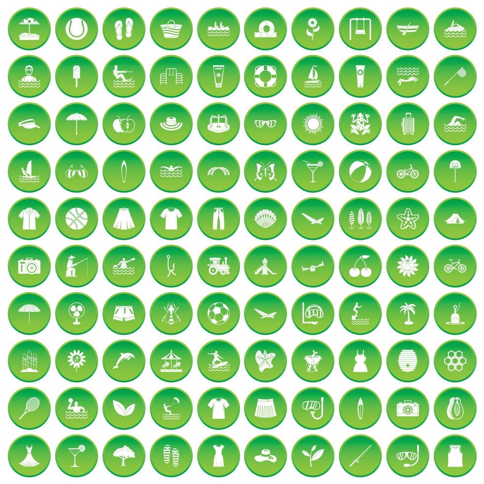 100 zomerpictogrammen instellen groene cirkel vector