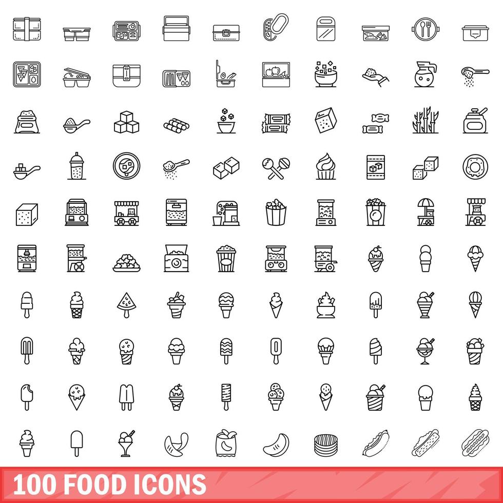 100 voedsel iconen set, Kaderstijl vector