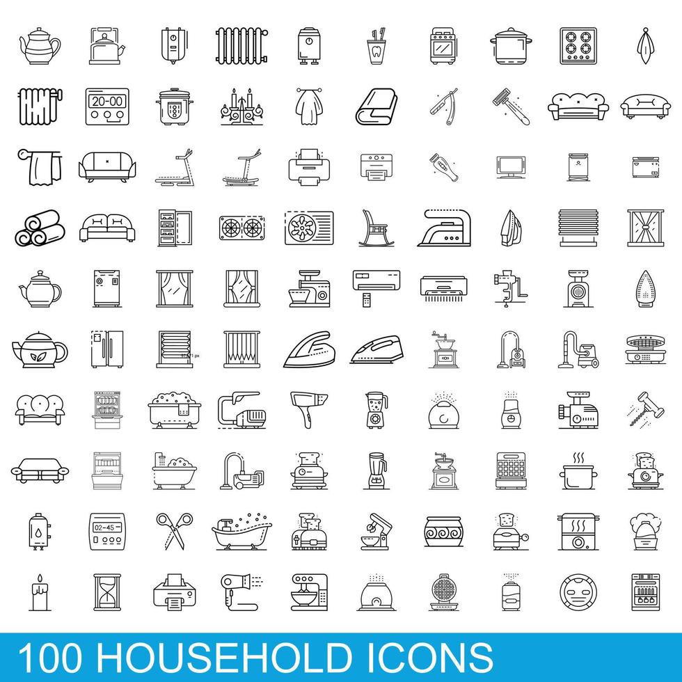 100 huishoudelijke iconen set, Kaderstijl vector