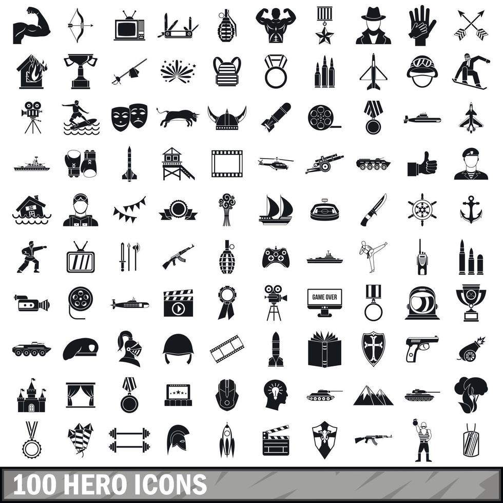 100 held iconen set, eenvoudige stijl vector