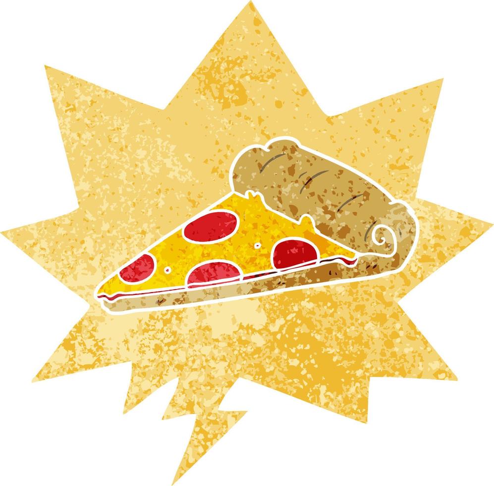 cartoon pizza slice en tekstballon in retro getextureerde stijl vector