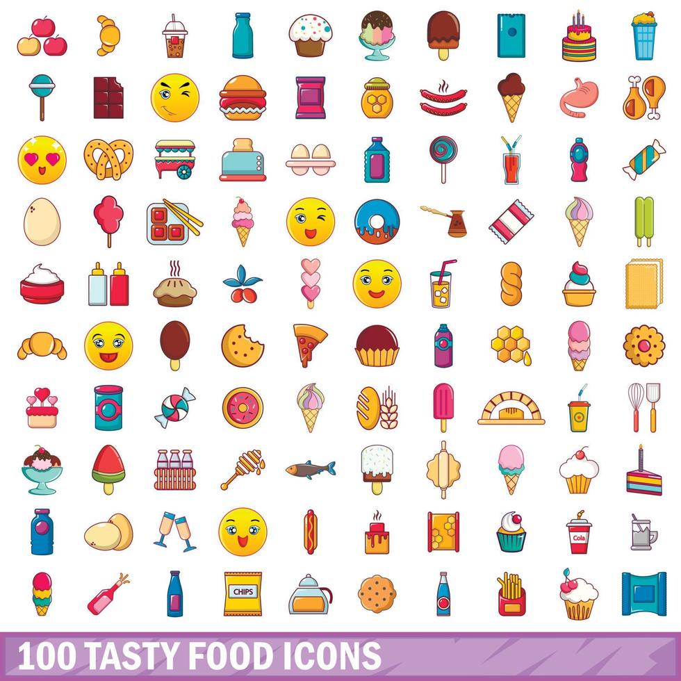 100 lekker eten iconen set, cartoon stijl vector