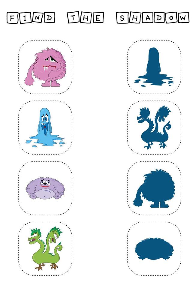 vind een paar- of schaduwspel met grappige monsters. werkblad voor kleuters, activiteitenblad voor kinderen, afdrukbaar werkblad vector