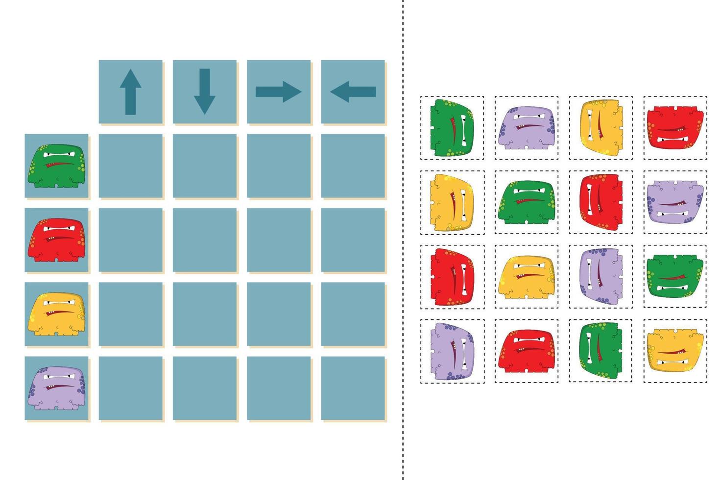 match cartoonmonsters en richtingen omhoog, omlaag, links en rechts. educatief spel voor kinderen. vector