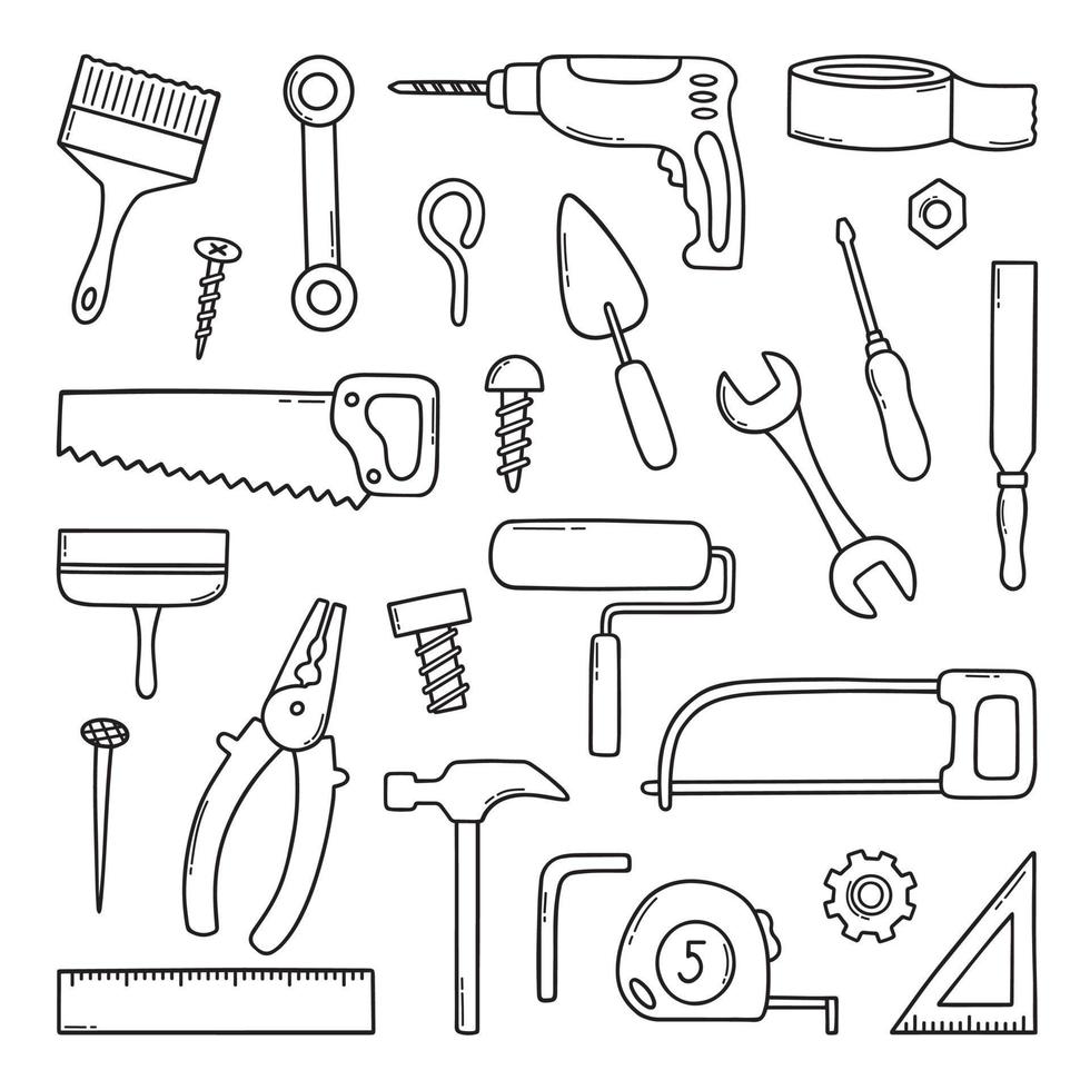 handgetekende set bouwgereedschappen doodle verschillende werk- en bouwgereedschappen in schetsstijl. zaag, hamer, moersleutel, schroef, boor. vectorillustratie geïsoleerd op een witte achtergrond. vector