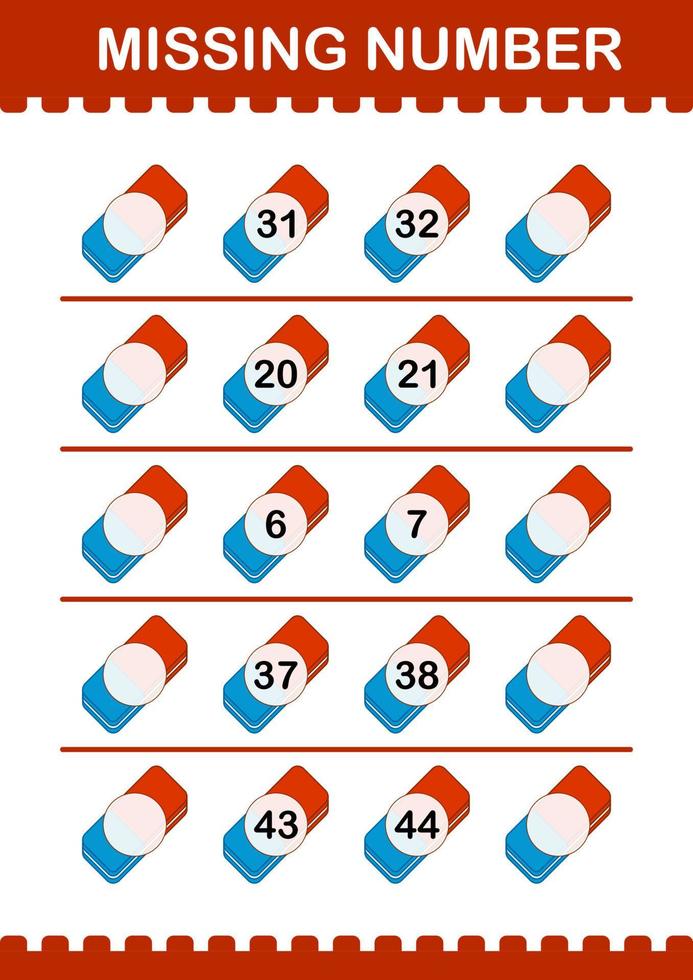 ontbrekend nummer met gum. werkblad voor kinderen vector