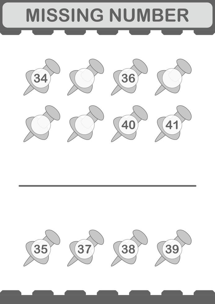 ontbrekend nummer met punaise. werkblad voor kinderen vector