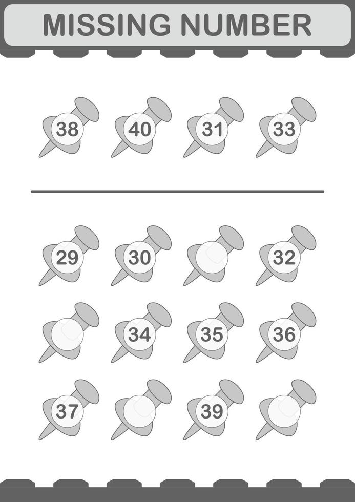 ontbrekend nummer met punaise. werkblad voor kinderen vector