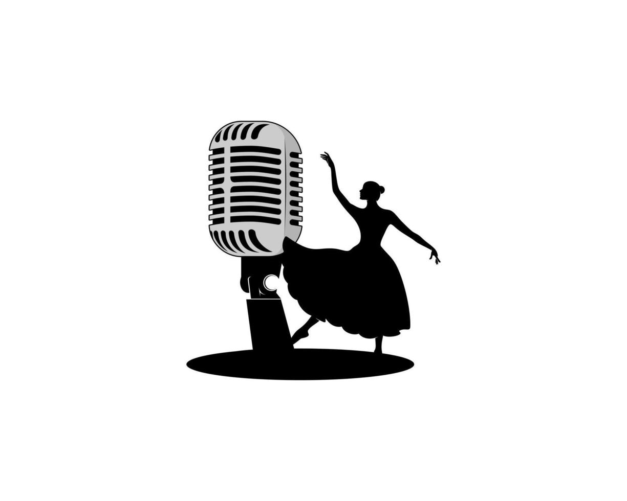 vrouw ballerina en microfoon silhouet logo vector