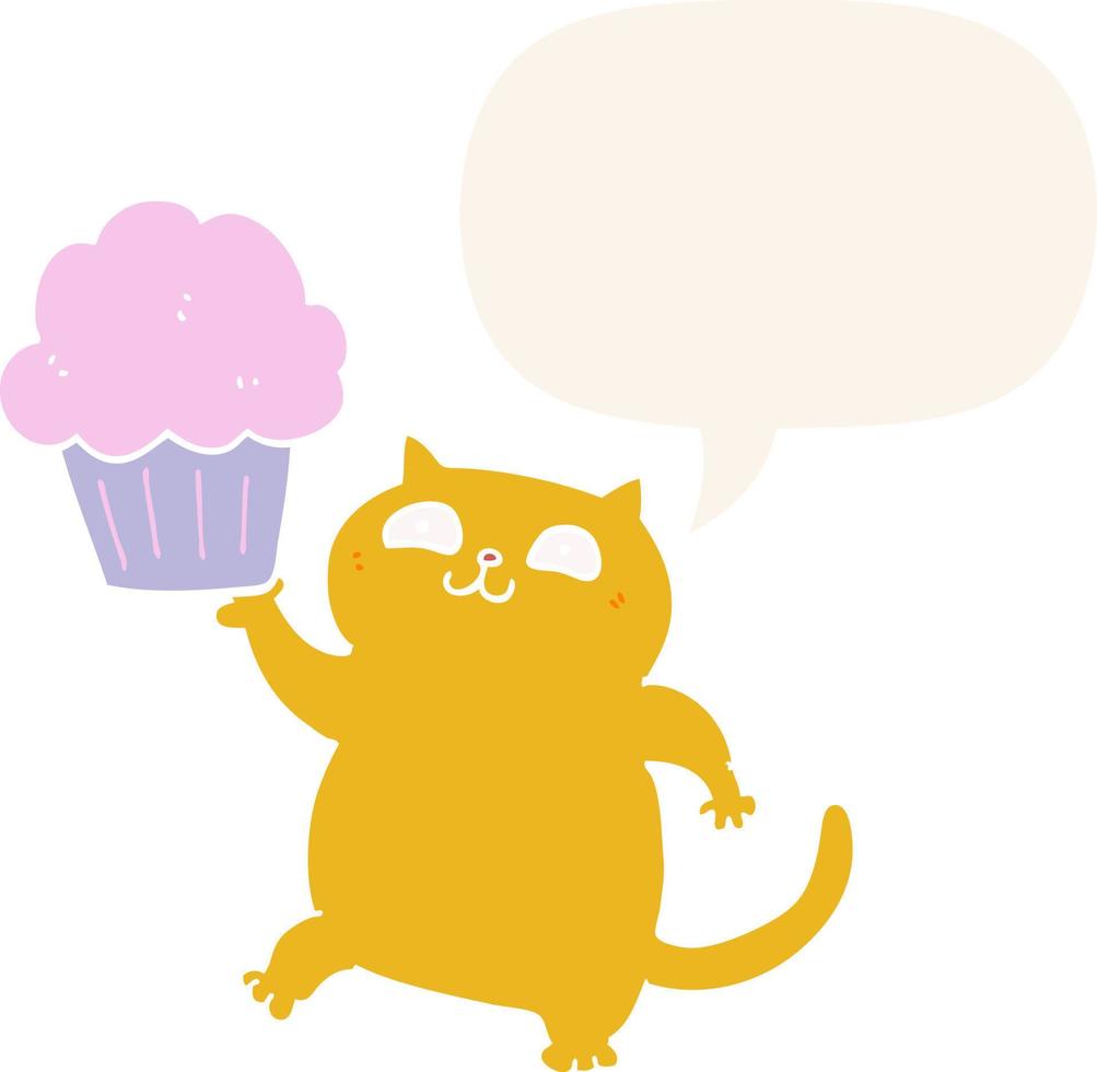 cartoon kat en cupcake en tekstballon in retro stijl vector