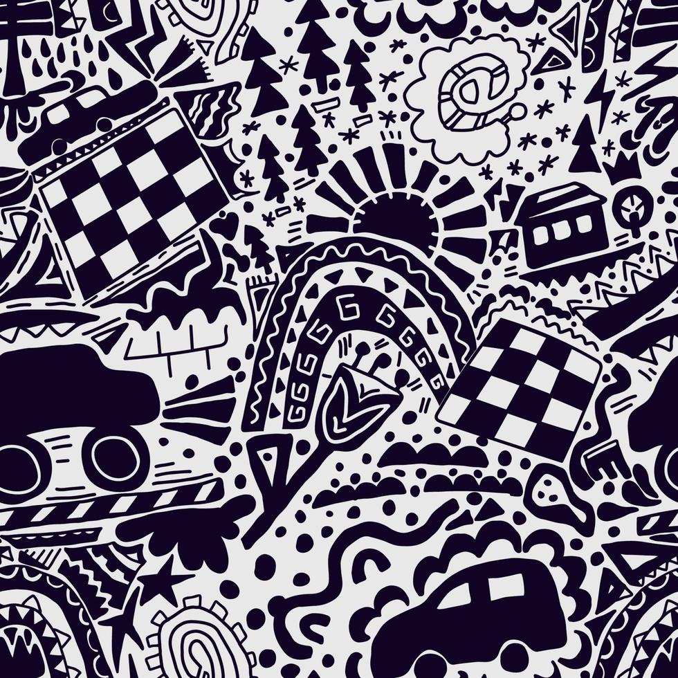doodle naadloze patroon met auto's, schaakbord, zon, huis, regenboog, bomen. abstracte eindeloze textuur voor modern trendy design. vector illustratie
