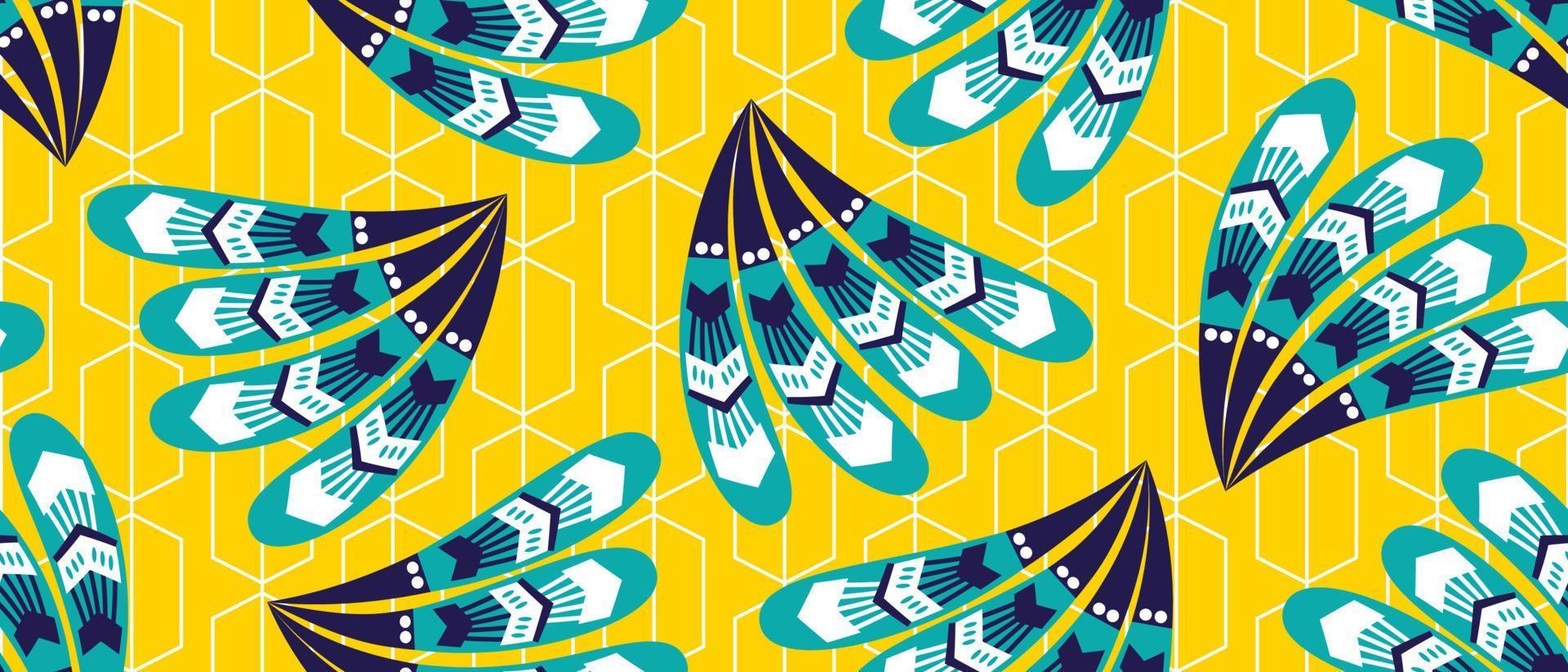 Afrikaanse etnische traditionele gele achtergrondpatroon. naadloze mooie pauw kitenge, chitenge-stijl. modevormgeving in kleurrijk. geometrisch blauw veermotief. ankara prints, Afrikaanse wax prints. vector
