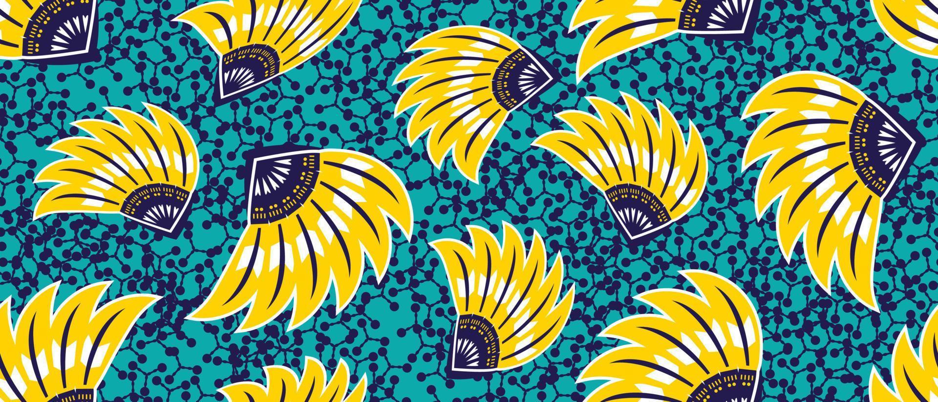 Afrikaanse etnische traditionele blauwe achtergrondpatroon. naadloze mooie kitenge, chitenge-stijl. modevormgeving in kleurrijk. geometrisch abstract motief. gele bloemen ankara prints, afrikaanse wax prints. vector