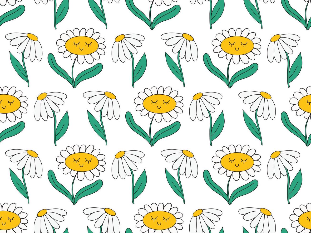 schattige kawaii daisy naadloze patroon achtergrond met madeliefje kamille bloemen, lachend gezicht. heldere bloemen kinderachtig vector achtergrond met kleurrijke elementen. lief plantenkarakter, retro jaren 90 print