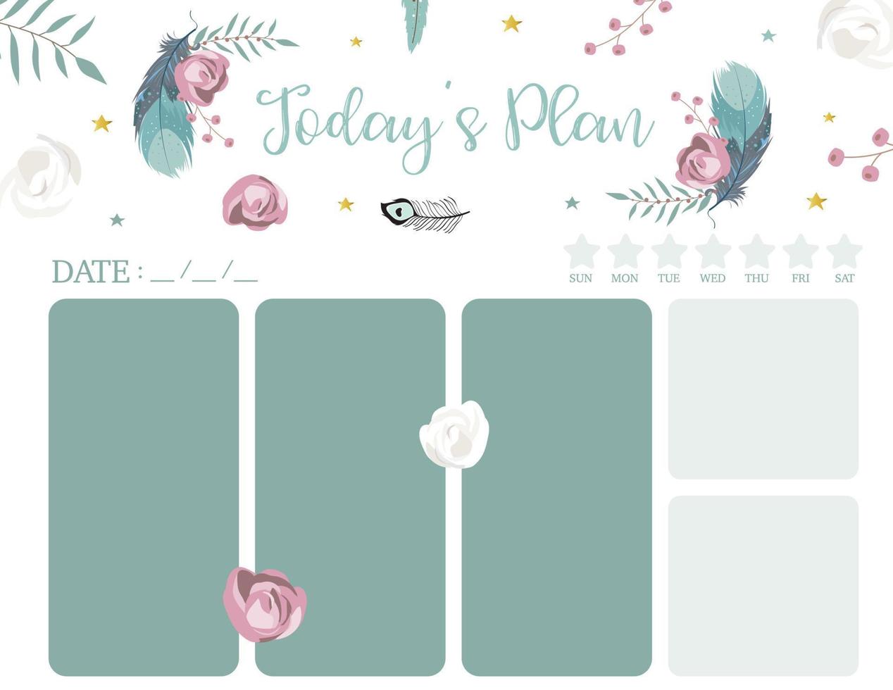 schattige wekelijkse planner achtergrond met bloem, Feather.vector illustratie voor kind en baby vector