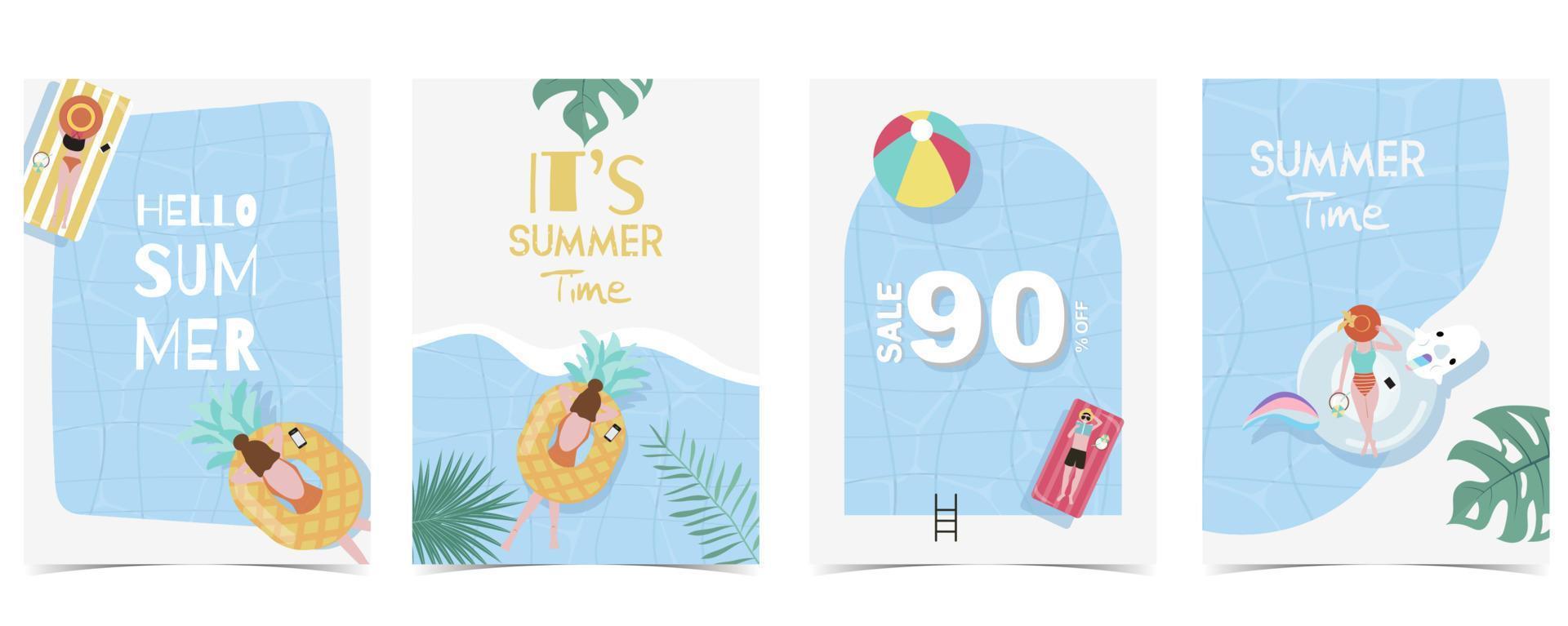 feest zomertijd ansichtkaart met zwembad en strand op de achtergrond overdag vector