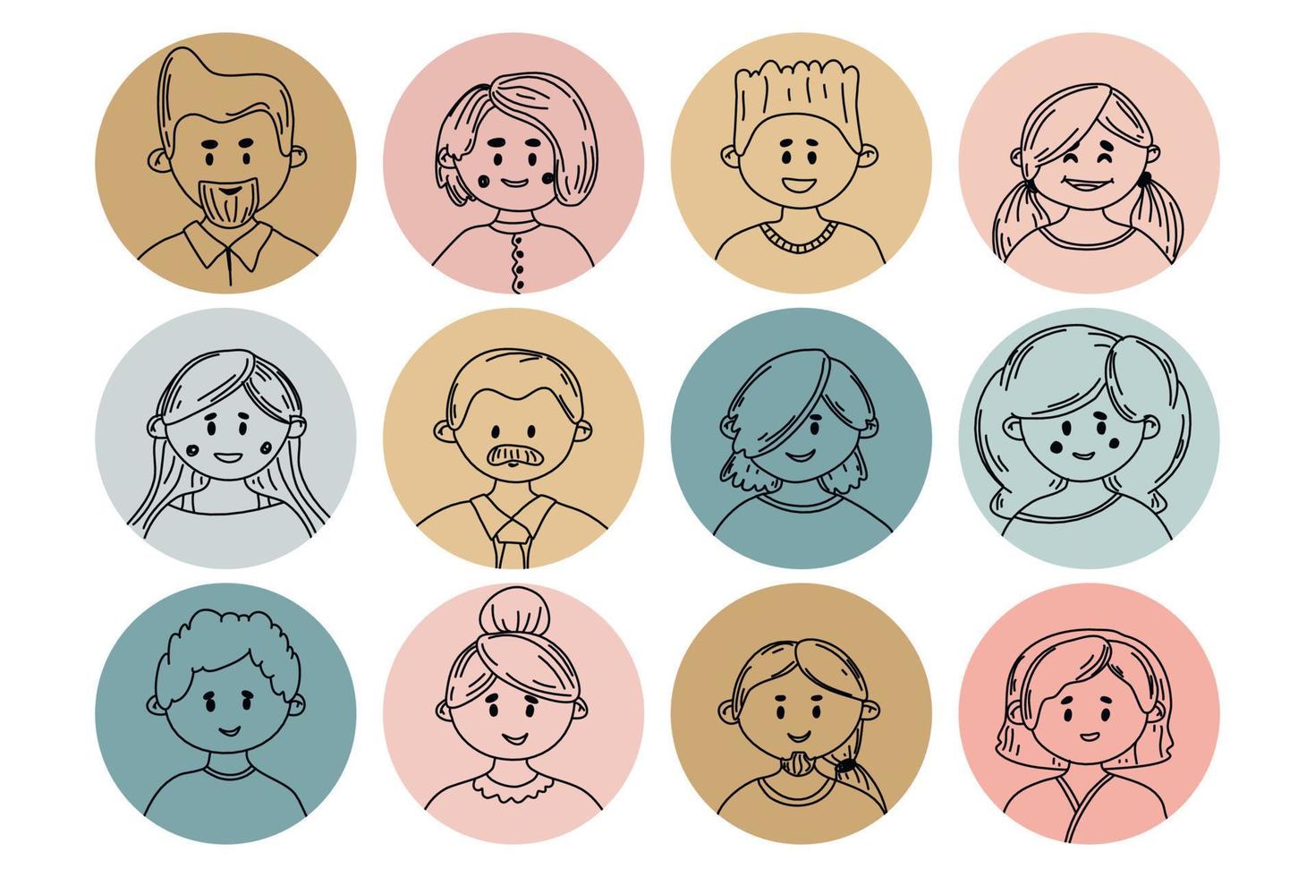 mensen doodle avatar set. diversiteit oude en jonge mannen en vrouwen. mensen met verschillende kapsels. vectorillustratie in platte schetsstijl. portretten pictogrammen instellen. vector