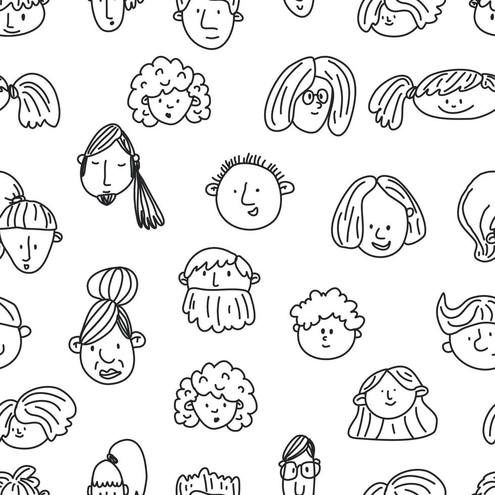 naadloos patroon met gezichten van mensen. zwart-wit schets. handgetekende doodle stijl... lijntekeningen. verschillende mannen en vrouwen. stripfiguren. vector illustratie