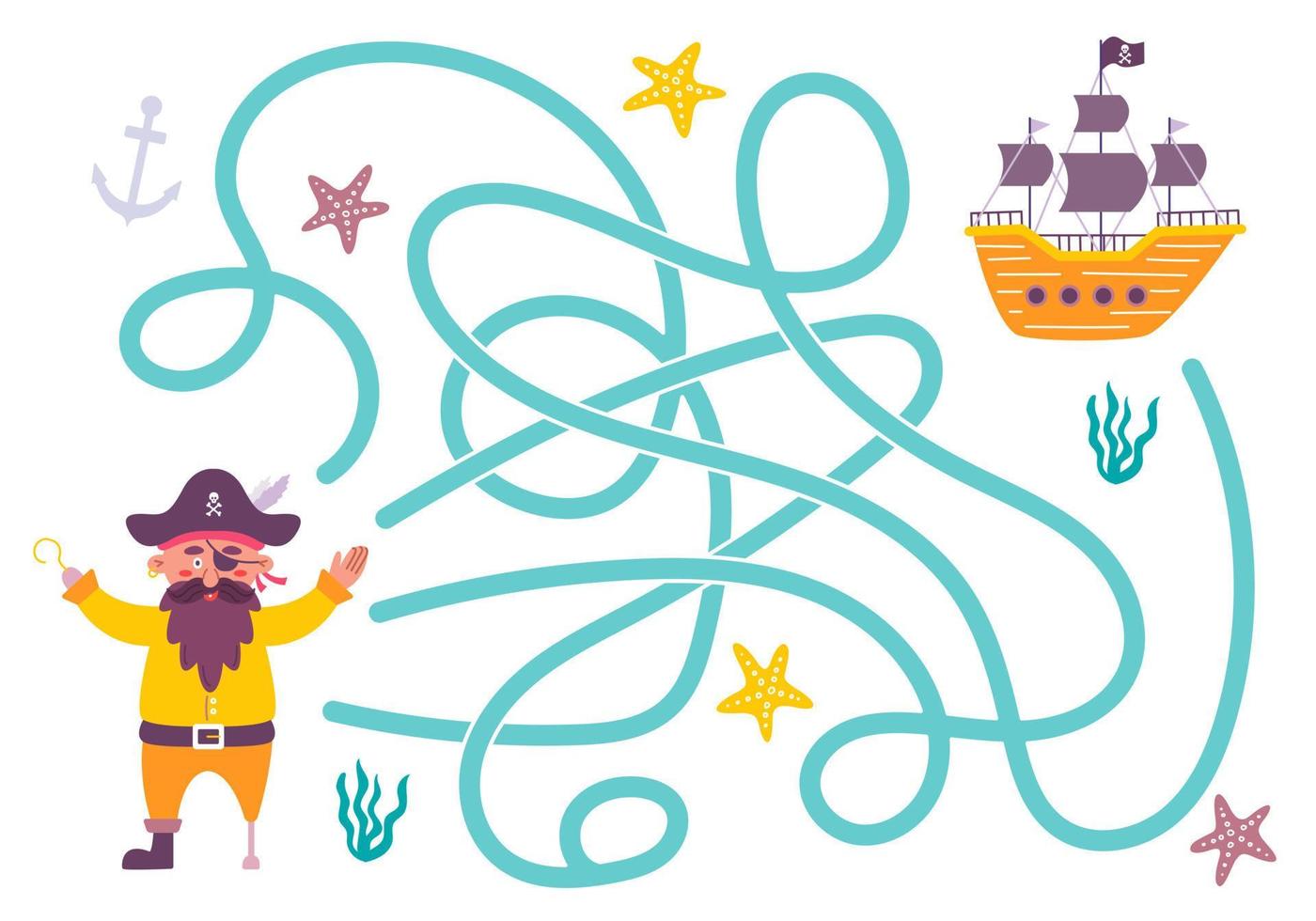 labyrint, help de piraat de juiste weg naar het schip te vinden. logische zoektocht voor kinderen. leuke illustratie voor kinderboeken, educatief spel vector