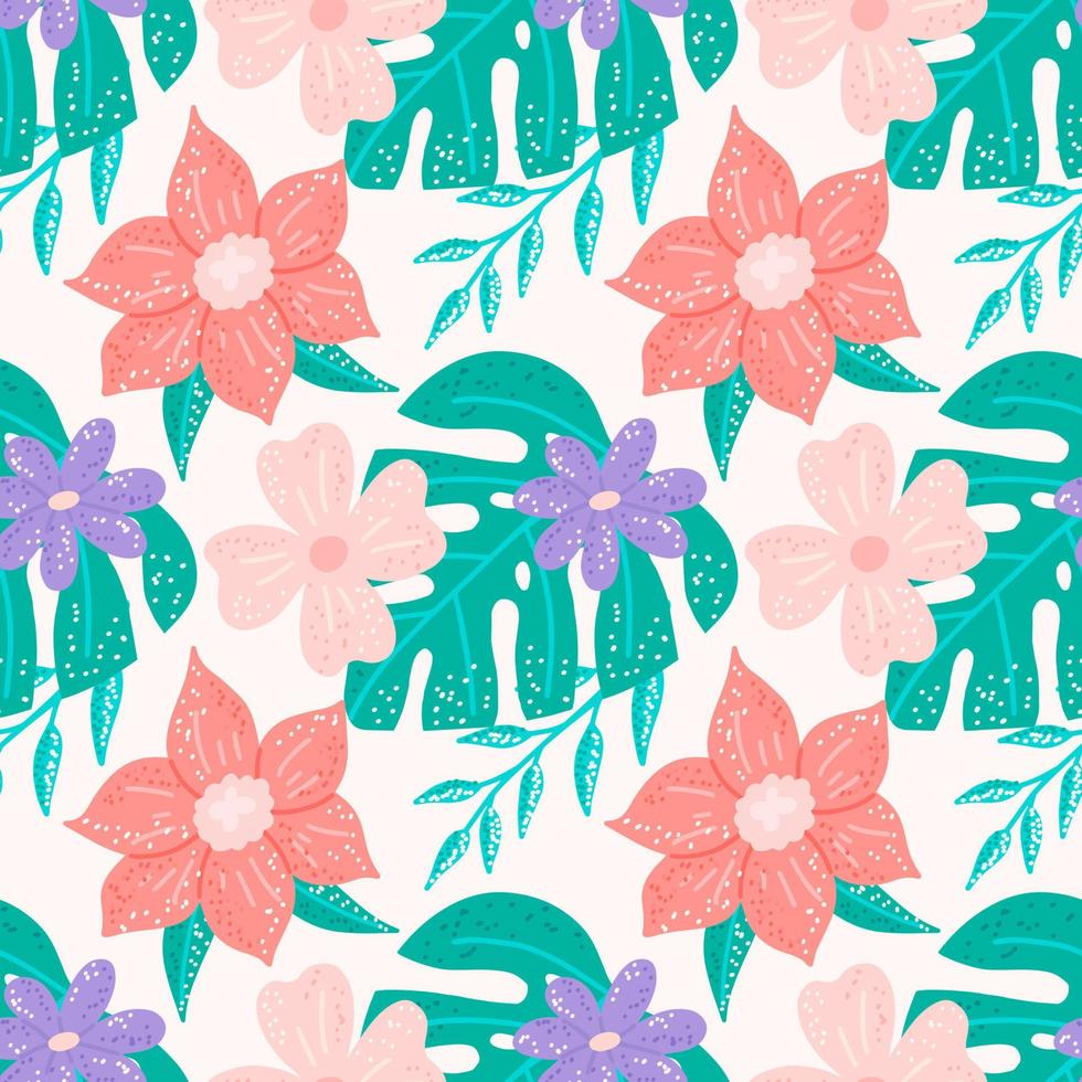 tropische planten en bloemen met textuur op lichte achtergrond, exotisch naadloos patroon vector