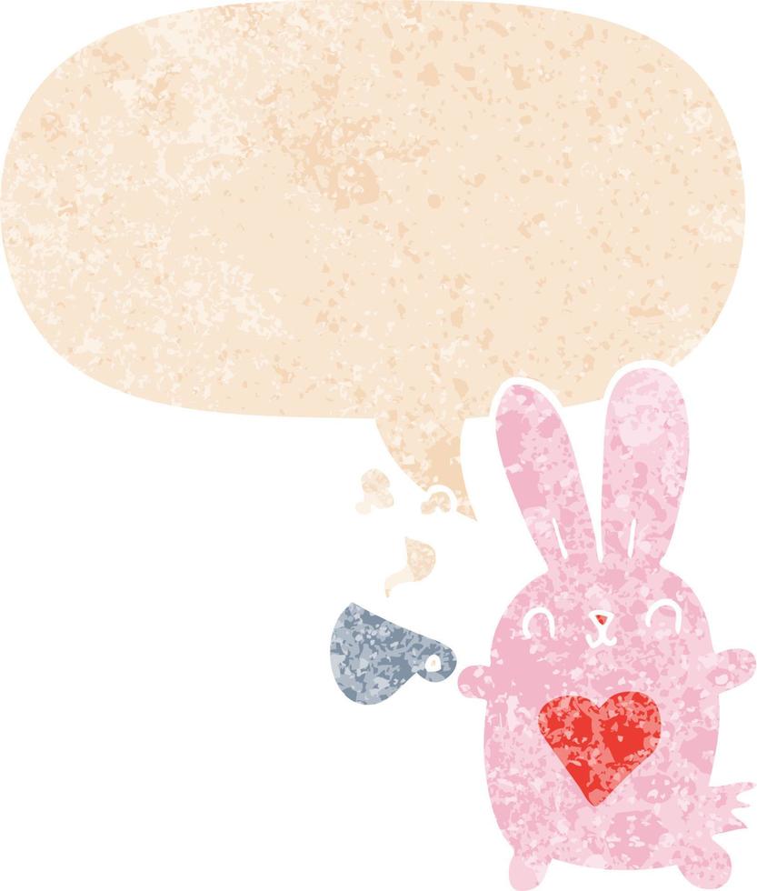 schattig cartoon konijn met liefde hart en koffiekopje en tekstballon in retro getextureerde stijl vector